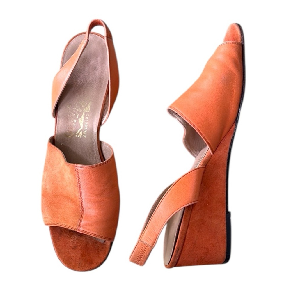 Salvatore Ferragamo Vintage Orange Suede Leather Wedge Slingback Sandals - 8